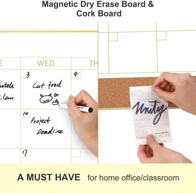 Alt view image 2 of 7 - Dry Erase Calendar Whiteboard Cork Board Combo 36"x24" Magnetic White Board Calendar Dry Erase for Wall, Gold Frame Monthly Combination Board for Office, Home, School