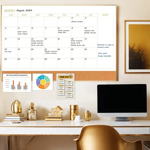 Alt view image 6 of 7 - Dry Erase Calendar Whiteboard Cork Board Combo 36"x24" Magnetic White Board Calendar Dry Erase for Wall, Gold Frame Monthly Combination Board for Office, Home, School