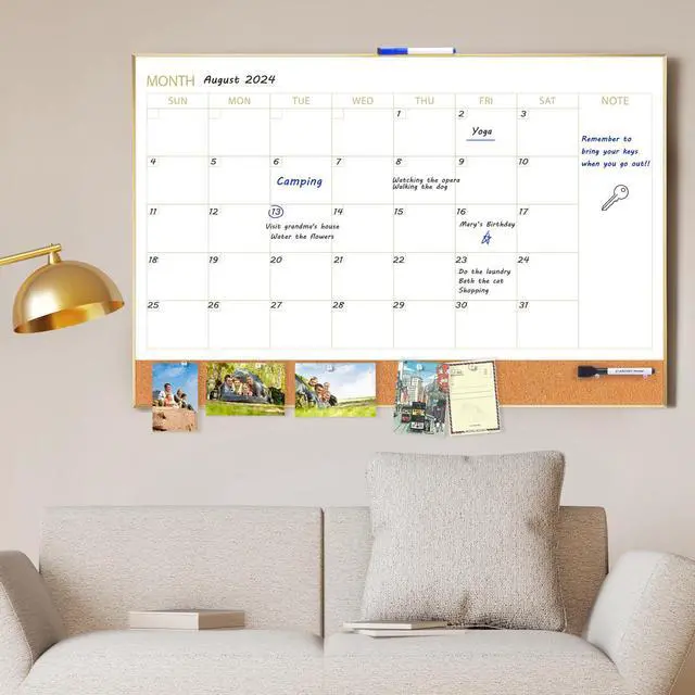 Alt view image 7 of 7 - Dry Erase Calendar Whiteboard Cork Board Combo 36"x24" Magnetic White Board Calendar Dry Erase for Wall, Gold Frame Monthly Combination Board for Office, Home, School