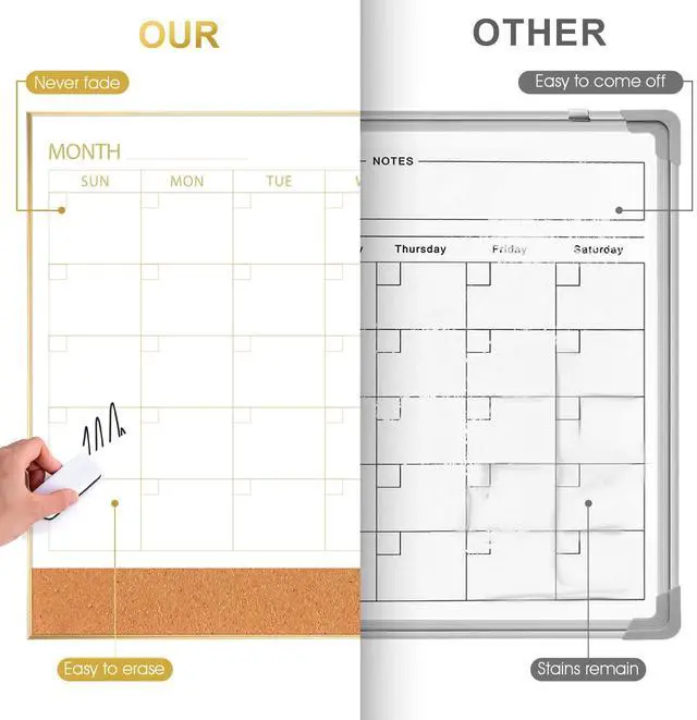 Alt view image 4 of 7 - Dry Erase Calendar Whiteboard Cork Board Combo 36"x24" Magnetic White Board Calendar Dry Erase for Wall, Gold Frame Monthly Combination Board for Office, Home, School