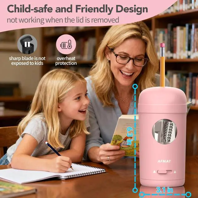 Alt view image 6 of 7 - Electric Pencil Sharpener, Fully Automatic Pencil Sharpener for 7-8mm Pencils & Colored Pencils, Auto in & Out, Rechargeable Vertical Hands-Free Sharpeners for Classroom/Home/Office PSX7(Pink)