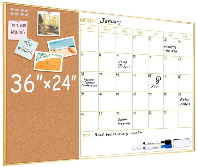Main image of Whiteboard Calendar with Cork Board 36"x24" Magnetic White Board Calendar Dry Erase for Wall, Gold Frame Monthly Combination Board for Office, Home, School