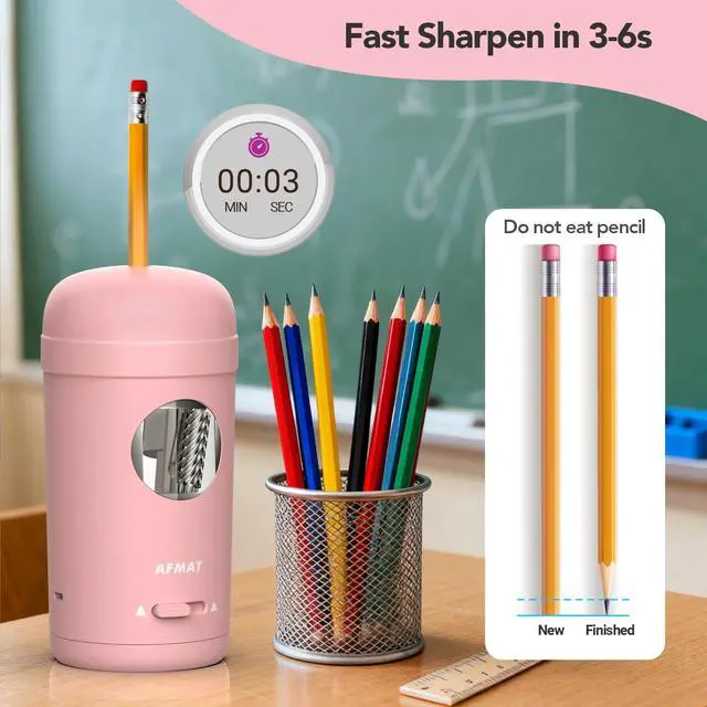 Alt view image 7 of 7 - Electric Pencil Sharpener, Fully Automatic Pencil Sharpener for 7-8mm Pencils & Colored Pencils, Auto in & Out, Rechargeable Vertical Hands-Free Sharpeners for Classroom/Home/Office PSX7(Pink)