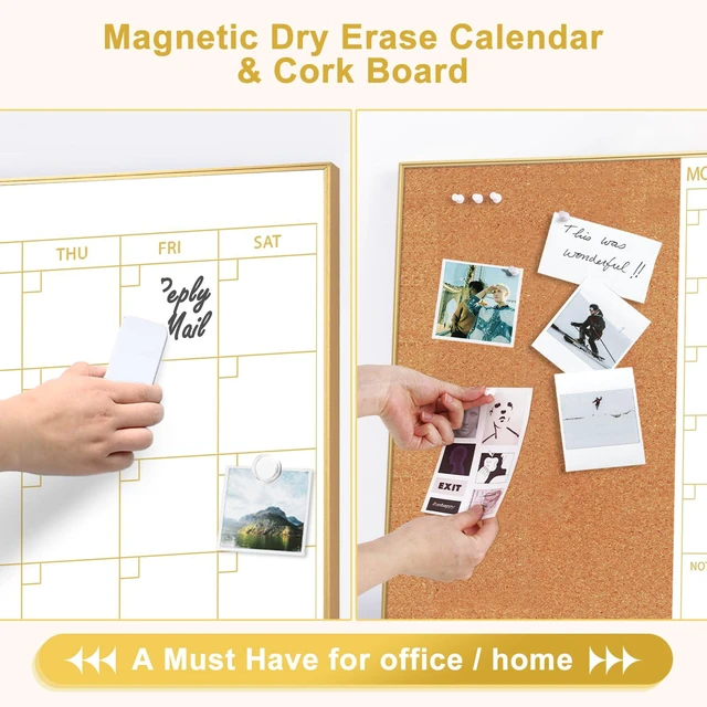 Alt view image 2 of 7 - Whiteboard Calendar with Cork Board 36"x24" Magnetic White Board Calendar Dry Erase for Wall, Gold Frame Monthly Combination Board for Office, Home, School
