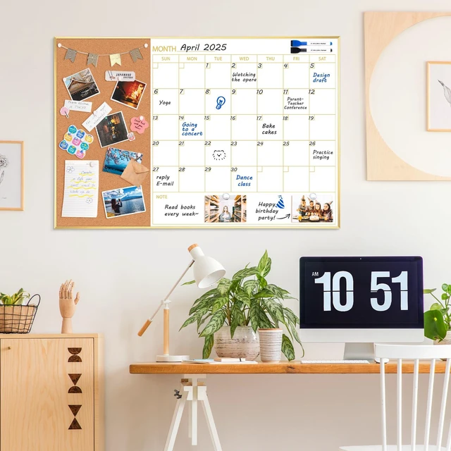 Alt view image 6 of 7 - Whiteboard Calendar with Cork Board 36"x24" Magnetic White Board Calendar Dry Erase for Wall, Gold Frame Monthly Combination Board for Office, Home, School