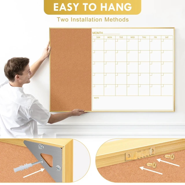 Alt view image 7 of 7 - Whiteboard Calendar with Cork Board 36"x24" Magnetic White Board Calendar Dry Erase for Wall, Gold Frame Monthly Combination Board for Office, Home, School
