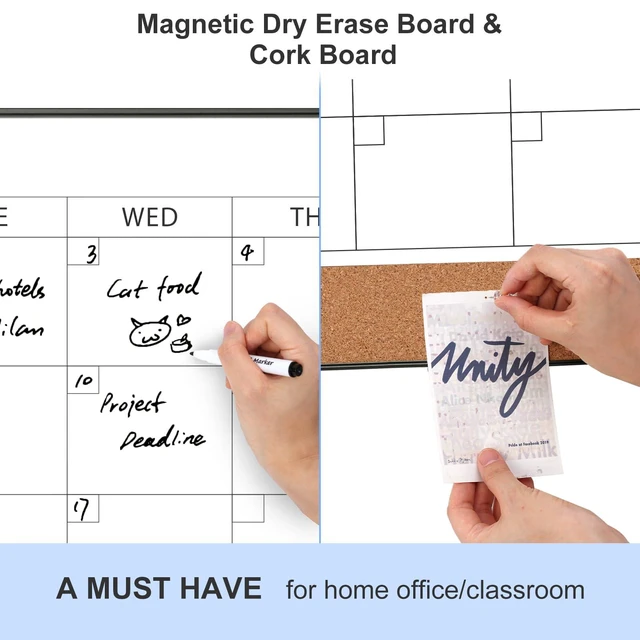 Alt view image 2 of 7 - Dry Erase Calendar with Cork Board for Wall 36"x 24" Magnetic Calendar Whiteboard with Black Frame, Monthly Combination Board for School, Home, Office