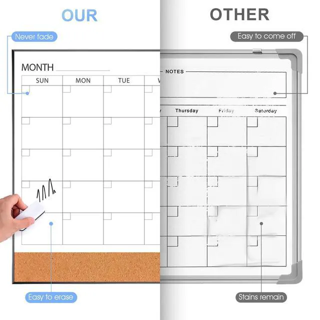 Alt view image 4 of 7 - Dry Erase Calendar with Cork Board for Wall 36"x 24" Magnetic Calendar Whiteboard with Black Frame, Monthly Combination Board for School, Home, Office