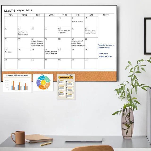 Alt view image 7 of 7 - Dry Erase Calendar with Cork Board for Wall 36"x 24" Magnetic Calendar Whiteboard with Black Frame, Monthly Combination Board for School, Home, Office