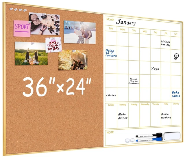 Main image of Dry Erase Calendar with Cork Board 36"x24" Magnetic White Board Calendar Dry Erase for Wall, Gold Frame Combination Board for Office, Home, School