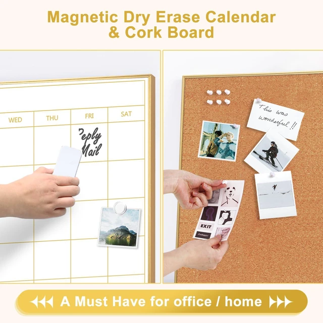 Alt view image 2 of 7 - Dry Erase Calendar with Cork Board 36"x24" Magnetic White Board Calendar Dry Erase for Wall, Gold Frame Combination Board for Office, Home, School