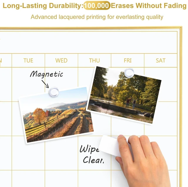 Alt view image 3 of 7 - Dry Erase Calendar with Cork Board 36"x24" Magnetic White Board Calendar Dry Erase for Wall, Gold Frame Combination Board for Office, Home, School