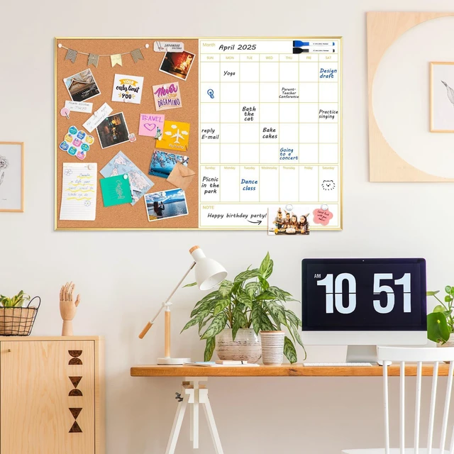 Alt view image 6 of 7 - Dry Erase Calendar with Cork Board 36"x24" Magnetic White Board Calendar Dry Erase for Wall, Gold Frame Combination Board for Office, Home, School