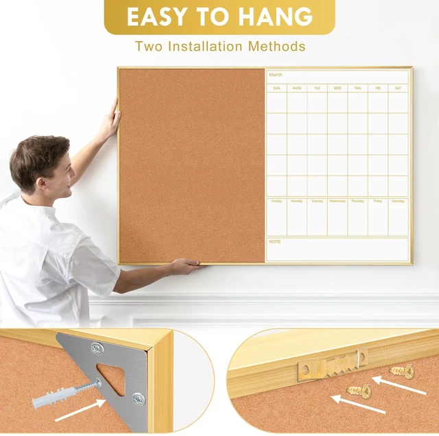 Alt view image 7 of 7 - Dry Erase Calendar with Cork Board 36"x24" Magnetic White Board Calendar Dry Erase for Wall, Gold Frame Combination Board for Office, Home, School