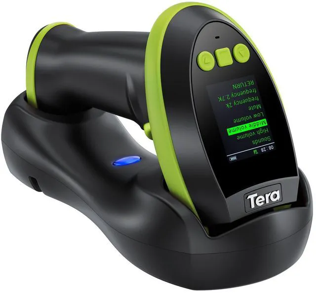 Main image of Barcode Scanner 2D Wireless with Screen: Charging Cradle HW0009 Green 3-Button Color Screen, Works with Bluetooth 2.4G USB, 2500mAh, 1D 2D QR Scanning, Retail Warehouse Library, PC Tablet Phone