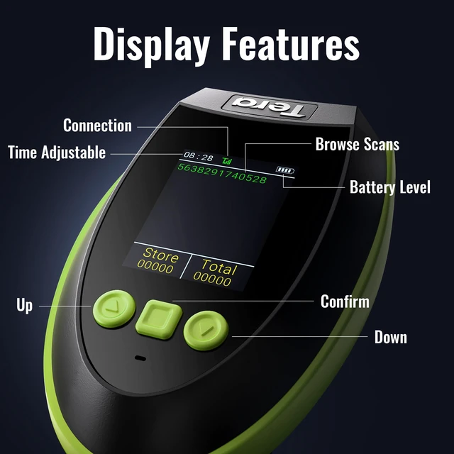 Alt view image 2 of 7 - Barcode Scanner 2D Wireless with Screen: Charging Cradle HW0009 Green 3-Button Color Screen, Works with Bluetooth 2.4G USB, 2500mAh, 1D 2D QR Scanning, Retail Warehouse Library, PC Tablet Phone
