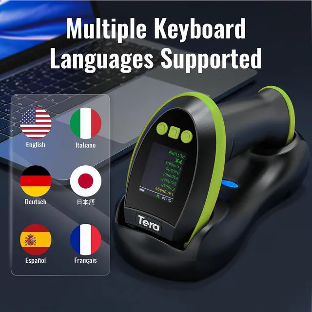 Alt view image 6 of 7 - Barcode Scanner 2D Wireless with Screen: Charging Cradle HW0009 Green 3-Button Color Screen, Works with Bluetooth 2.4G USB, 2500mAh, 1D 2D QR Scanning, Retail Warehouse Library, PC Tablet Phone