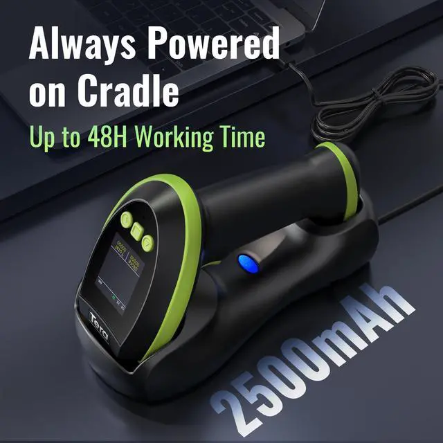 Alt view image 3 of 7 - Barcode Scanner 2D Wireless with Screen: Charging Cradle HW0009 Green 3-Button Color Screen, Works with Bluetooth 2.4G USB, 2500mAh, 1D 2D QR Scanning, Retail Warehouse Library, PC Tablet Phone