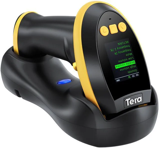Main image of Barcode Scanner 2D Wireless with Screen: Charging Cradle HW0009 Yellow 3-Button Color Screen, Works with Bluetooth 2.4G USB, 2500mAh, 1D 2D QR Scanning, Retail Warehouse Library, PC Tablet Phone