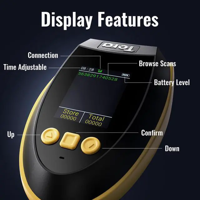 Alt view image 2 of 7 - Barcode Scanner 2D Wireless with Screen: Charging Cradle HW0009 Yellow 3-Button Color Screen, Works with Bluetooth 2.4G USB, 2500mAh, 1D 2D QR Scanning, Retail Warehouse Library, PC Tablet Phone