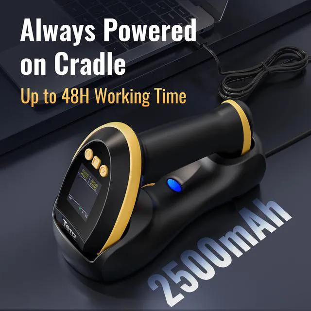 Alt view image 3 of 7 - Barcode Scanner 2D Wireless with Screen: Charging Cradle HW0009 Yellow 3-Button Color Screen, Works with Bluetooth 2.4G USB, 2500mAh, 1D 2D QR Scanning, Retail Warehouse Library, PC Tablet Phone