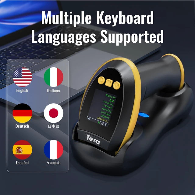 Alt view image 6 of 7 - Barcode Scanner 2D Wireless with Screen: Charging Cradle HW0009 Yellow 3-Button Color Screen, Works with Bluetooth 2.4G USB, 2500mAh, 1D 2D QR Scanning, Retail Warehouse Library, PC Tablet Phone