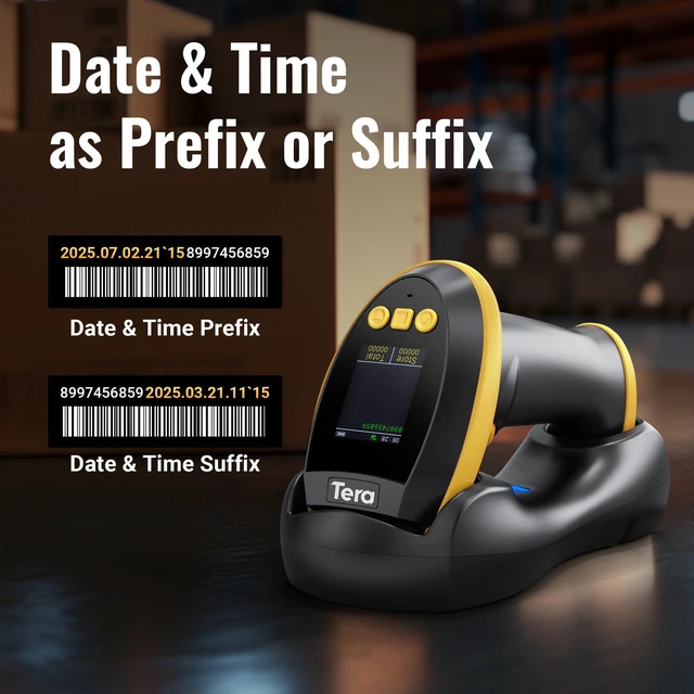 Alt view image 7 of 7 - Barcode Scanner 2D Wireless with Screen: Charging Cradle HW0009 Yellow 3-Button Color Screen, Works with Bluetooth 2.4G USB, 2500mAh, 1D 2D QR Scanning, Retail Warehouse Library, PC Tablet Phone