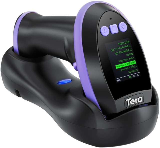 Main image of Barcode Scanner 2D Wireless with Screen: Charging Cradle HW0009 Purple 3-Button Color Screen, Works with Bluetooth 2.4G USB, 2500mAh, 1D 2D QR Scanning, Retail Warehouse Library, PC Tablet Phone