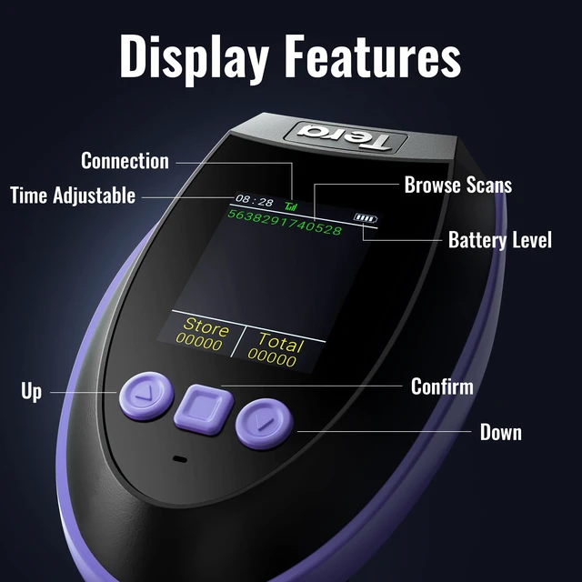 Alt view image 2 of 7 - Barcode Scanner 2D Wireless with Screen: Charging Cradle HW0009 Purple 3-Button Color Screen, Works with Bluetooth 2.4G USB, 2500mAh, 1D 2D QR Scanning, Retail Warehouse Library, PC Tablet Phone