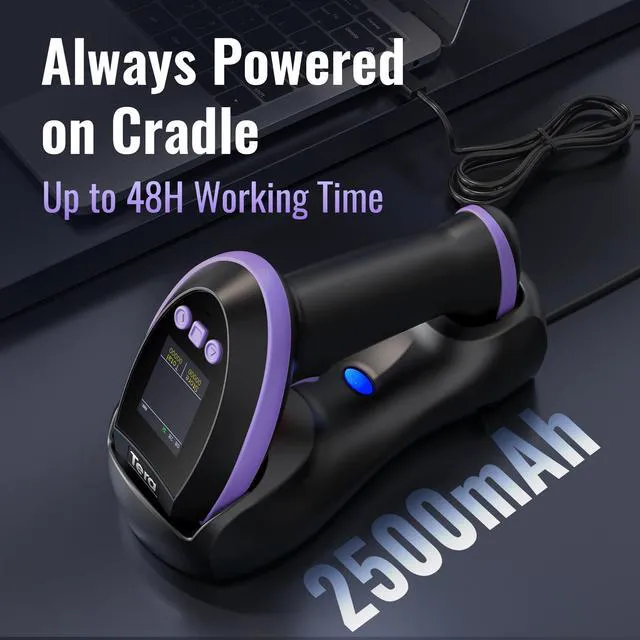 Alt view image 3 of 7 - Barcode Scanner 2D Wireless with Screen: Charging Cradle HW0009 Purple 3-Button Color Screen, Works with Bluetooth 2.4G USB, 2500mAh, 1D 2D QR Scanning, Retail Warehouse Library, PC Tablet Phone