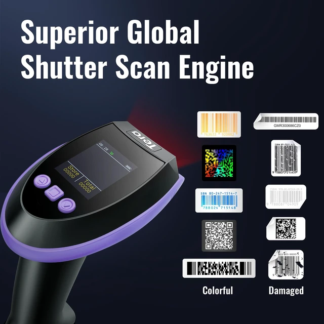 Alt view image 4 of 7 - Barcode Scanner 2D Wireless with Screen: Charging Cradle HW0009 Purple 3-Button Color Screen, Works with Bluetooth 2.4G USB, 2500mAh, 1D 2D QR Scanning, Retail Warehouse Library, PC Tablet Phone