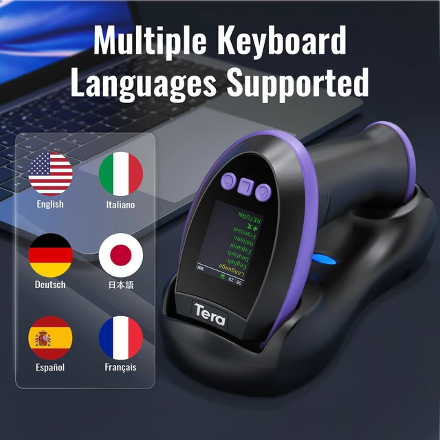 Alt view image 6 of 7 - Barcode Scanner 2D Wireless with Screen: Charging Cradle HW0009 Purple 3-Button Color Screen, Works with Bluetooth 2.4G USB, 2500mAh, 1D 2D QR Scanning, Retail Warehouse Library, PC Tablet Phone