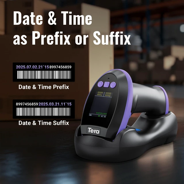 Alt view image 7 of 7 - Barcode Scanner 2D Wireless with Screen: Charging Cradle HW0009 Purple 3-Button Color Screen, Works with Bluetooth 2.4G USB, 2500mAh, 1D 2D QR Scanning, Retail Warehouse Library, PC Tablet Phone
