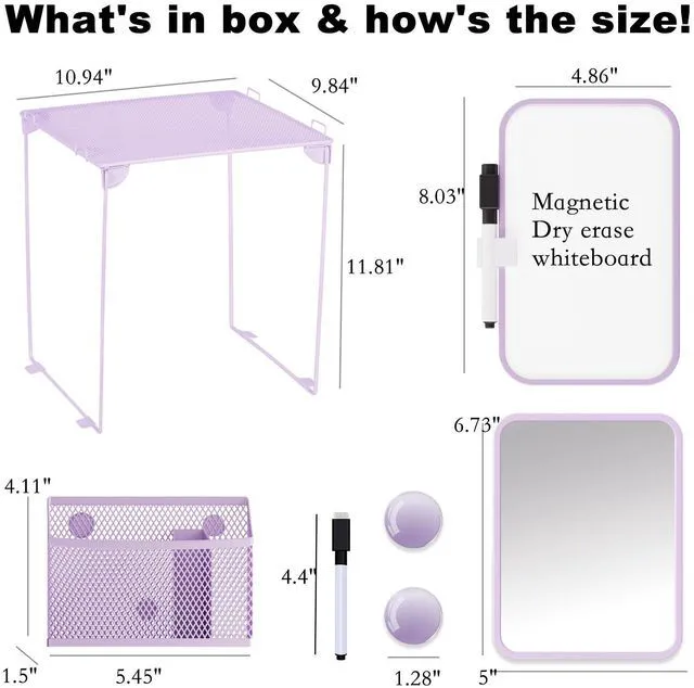 Alt view image 3 of 5 - Locker Accessories with Locker Shelf, Magnetic Mirror, Magnetic Pen Holder, Magnetic Small Whiteboard, Back to School Essentials Locker Decorations, 7 Piece Locker Organizer for Work, Purple