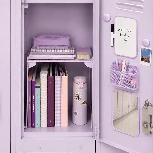 Alt view image 4 of 5 - Locker Accessories with Locker Shelf, Magnetic Mirror, Magnetic Pen Holder, Magnetic Small Whiteboard, Back to School Essentials Locker Decorations, 7 Piece Locker Organizer for Work, Purple