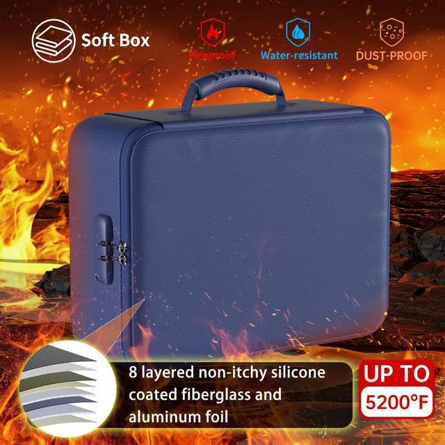 Alt view image 2 of 7 - 5200°F Fireproof Document Organizer Box with Lock, Blue (Soft) Heat Insulated 8 Layers File Protection Bag,Water-Resistant Zipper,Portable Home Office Travel Safe Storage for Files,Laptop