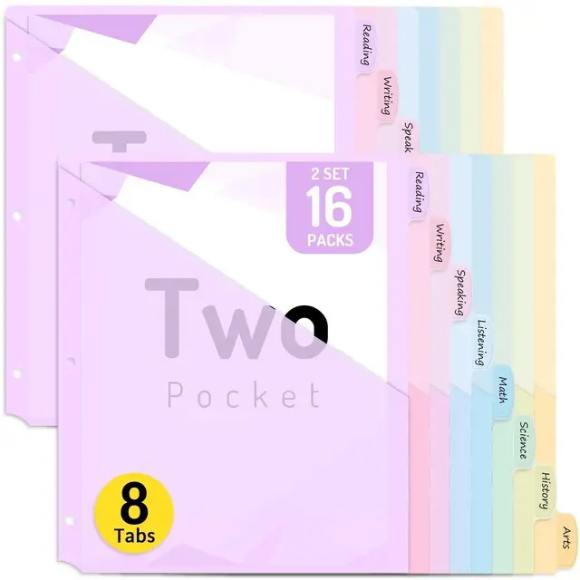 Main image of 16 Count Dividers with Two Pockets, 8 tab Binder Dividers Binder Organizer, Binder Divider with Tabs for School Office and Home Organization, Multicolor, 2 Sets