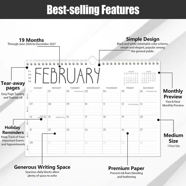Alt view image 3 of 7 - Wall Calendar 2026-2027, 19 Months (Jun 2026-Dec 2027), 17"x12" Twin-Wire Binding Hanging Calendar, Premium Thick Paper, for Office Home Planning & Organizing