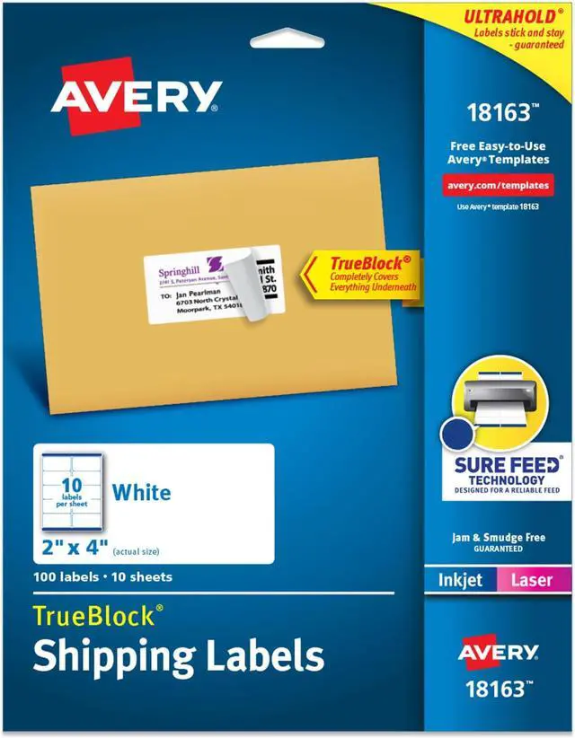 Main image of Printable Shipping Labels with Sure Feed, 2" x 4" Customizable Stickers, White, 100 Blank Mailing Labels, Great for Mailing, Shipping, and More (18163) (Pack of 5)