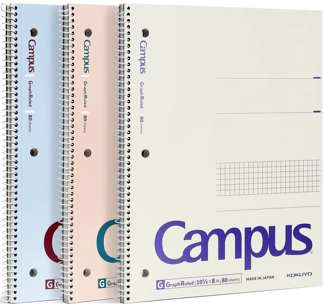 Main image of Spiral Notebook with 5x5 Graph Paper, 3 Pack Campus 10-1/2" x 8" Subject Notebooks, 80 Sheets, Light Pink Blue Off-White 3 Holes School Spiral Journal for Study Planner Drawing (WSG-SU-400G4×3)