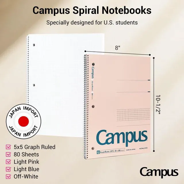 Alt view image 2 of 7 - Spiral Notebook with 5x5 Graph Paper, 3 Pack Campus 10-1/2" x 8" Subject Notebooks, 80 Sheets, Light Pink Blue Off-White 3 Holes School Spiral Journal for Study Planner Drawing (WSG-SU-400G4×3)
