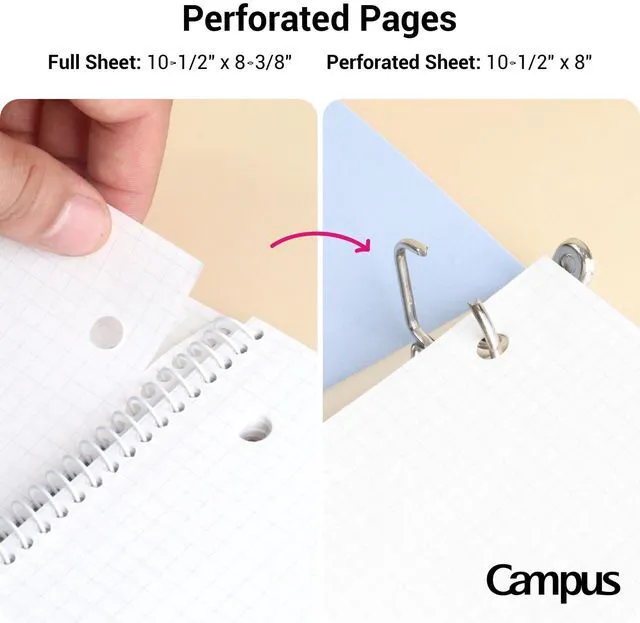 Alt view image 4 of 7 - Spiral Notebook with 5x5 Graph Paper, 3 Pack Campus 10-1/2" x 8" Subject Notebooks, 80 Sheets, Light Pink Blue Off-White 3 Holes School Spiral Journal for Study Planner Drawing (WSG-SU-400G4×3)