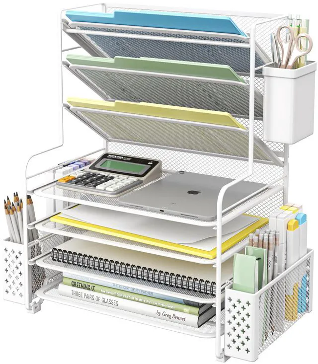Main image of 7 Tier Desk File Organizer, Letter Tray Paper Organizer with Pen Holder and Metal Hanging Basket, White