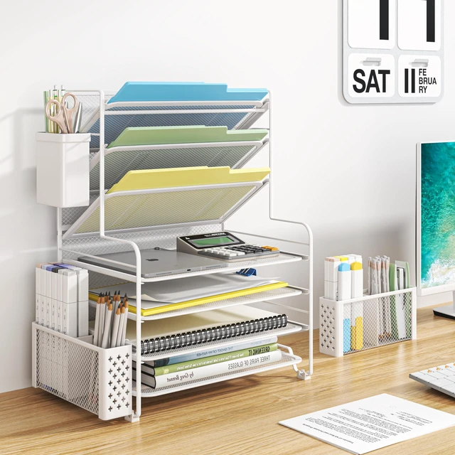 Alt view image 2 of 6 - 7 Tier Desk File Organizer, Letter Tray Paper Organizer with Pen Holder and Metal Hanging Basket, White