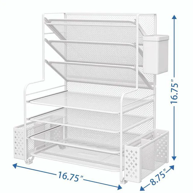 Alt view image 3 of 6 - 7 Tier Desk File Organizer, Letter Tray Paper Organizer with Pen Holder and Metal Hanging Basket, White