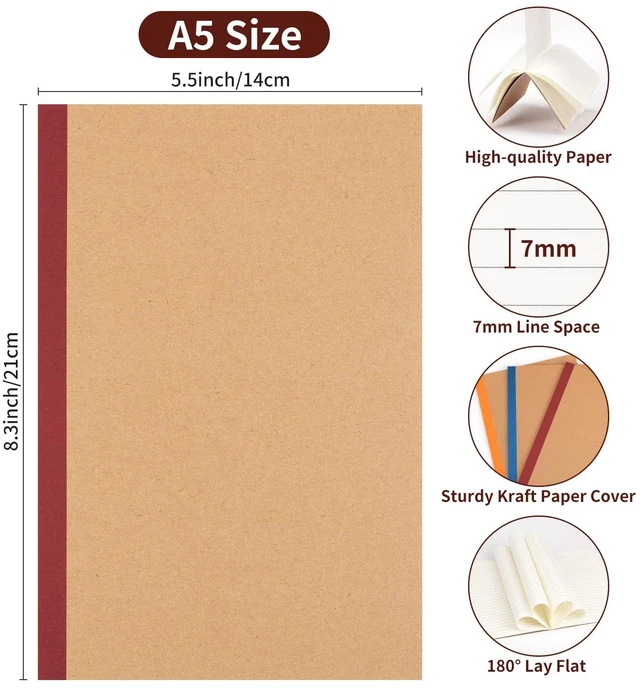 Alt view image 2 of 7 - 60 Pack Lined Notebook Journals Bulk, 8.3x 5.5Kraft Cover Lined Notebooks A5 Ruled Composition Notebook, Kraft Cover with Vintage Spines, 60 Pages for School Office Travel(Vintage-Lined-60 pack)