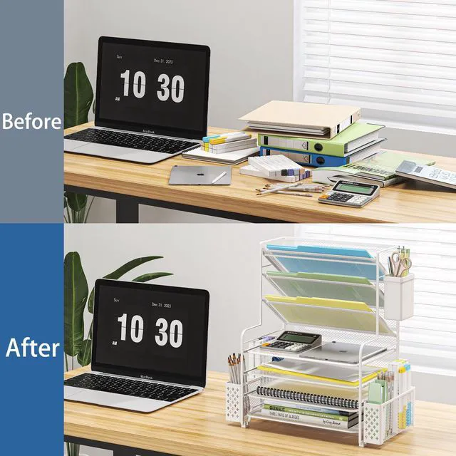 Alt view image 5 of 6 - 7 Tier Desk File Organizer, Letter Tray Paper Organizer with Pen Holder and Metal Hanging Basket, White