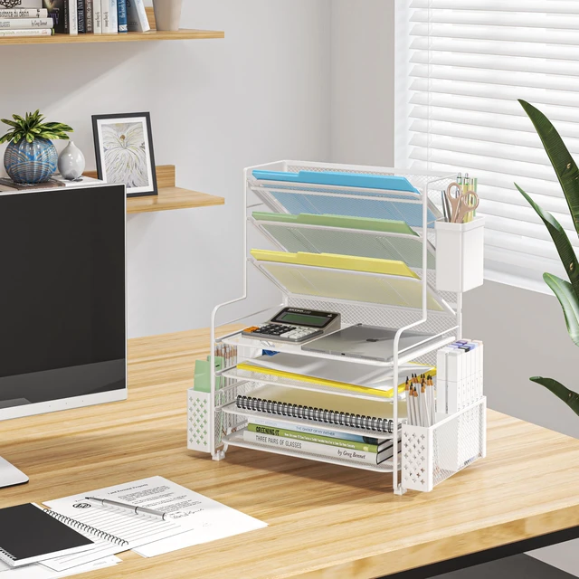 Alt view image 6 of 6 - 7 Tier Desk File Organizer, Letter Tray Paper Organizer with Pen Holder and Metal Hanging Basket, White