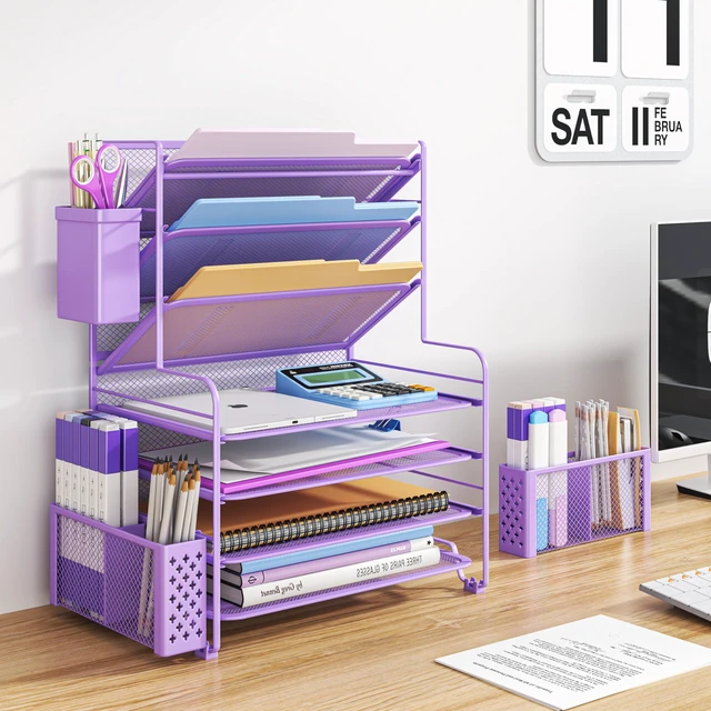 Alt view image 2 of 6 - 7 Tier Desk File Organizer, Letter Tray Paper Organizer with Pen Holder and Metal Hanging Basket, Purple