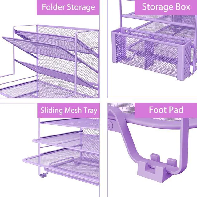 Alt view image 4 of 6 - 7 Tier Desk File Organizer, Letter Tray Paper Organizer with Pen Holder and Metal Hanging Basket, Purple